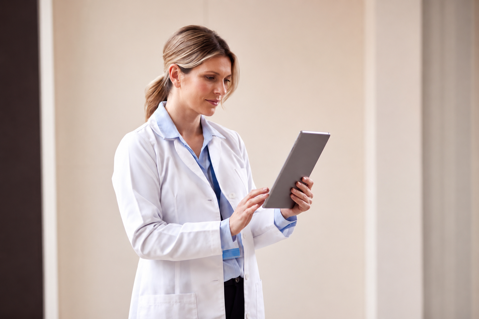 A clinician in white scrubs with a stethoscope reviewing a tablet.