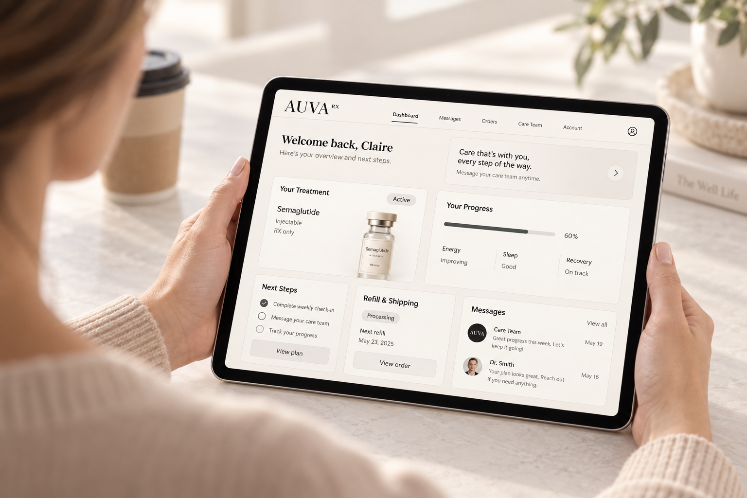 Auva RX patient portal shown on a tablet, displaying treatment overview, progress tracking, and care team messages.