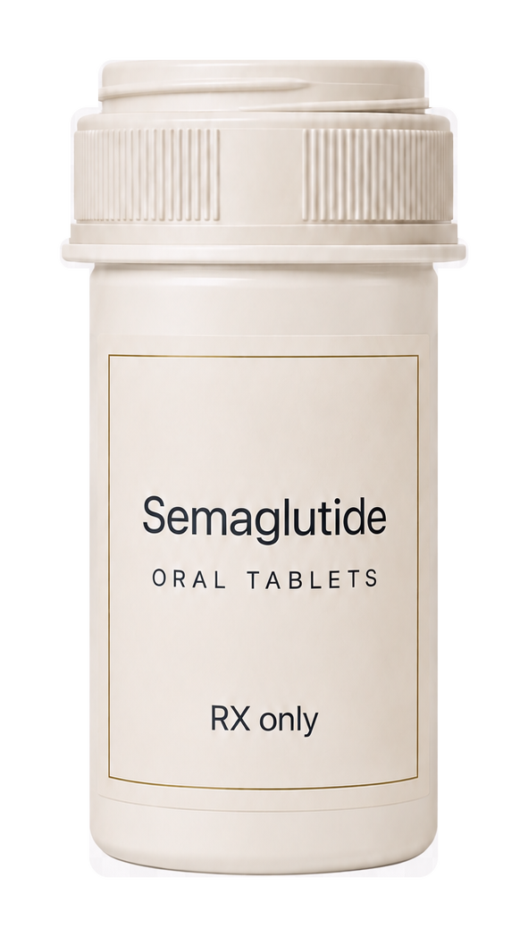 Illustrative ivory prescription bottle labeled Semaglutide Oral Tablets.